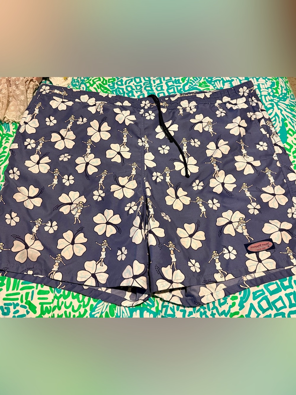 Vineyard Vines Navy Blue Hula Girl Hibiscus flower Swim Trunks - XXL
